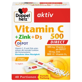 Abbildung der Produktverpackung Doppelherz aktiv Vitamin C 500 DIRECT Frontansicht